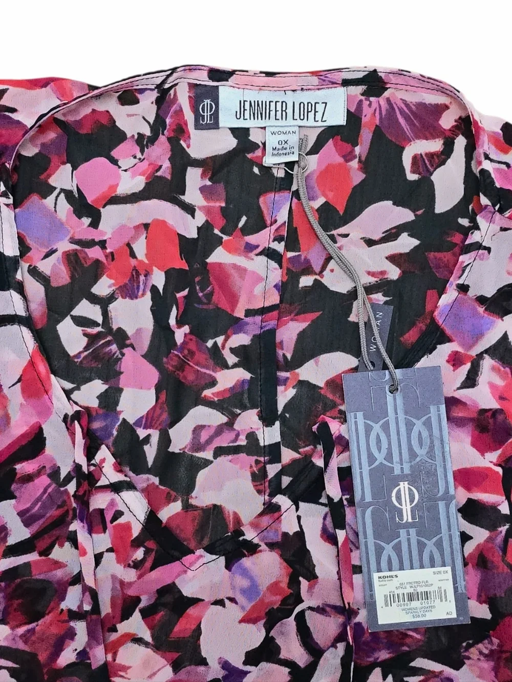 NWT Jennifer Lopez JLO Abstract Floral Sheer Blouse 0X Top Boho Flowy Sleeves - Picture 3 of 8